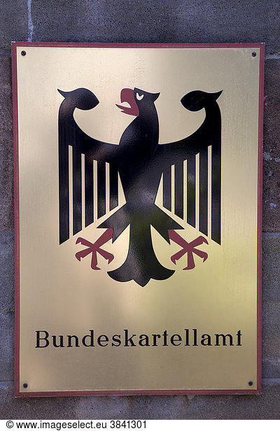 Sign with the German federal eagle  Bundeskartellamt  German for Federal Cartel Office  Bonn  Rhineland region  North Rhine-Westphalia  Germany  Europe