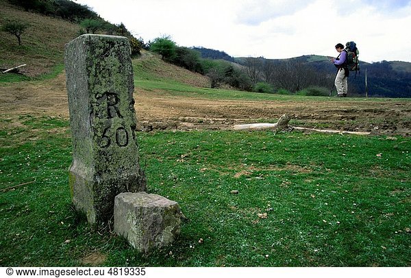 Signage of the Franco-Spanish border Collado de Nabalsako Path long-distance GR 11 Navarra Spain