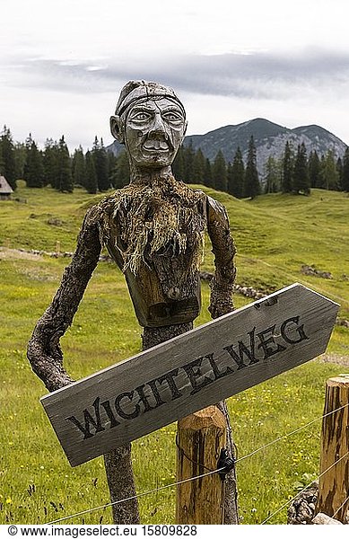 Signpost hiking trail  Wichtelweg at the Rossalm  Dachstein  Salzkammergut  Upper Austria  Austria  Europe