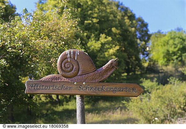 Signpost Historic Snail Garden  wooden sign with snail replica  snail farming  Swabian speciality  Kreuzberg  Indelhausen-Weiler  Baden-Württemberg  Germany  Europe