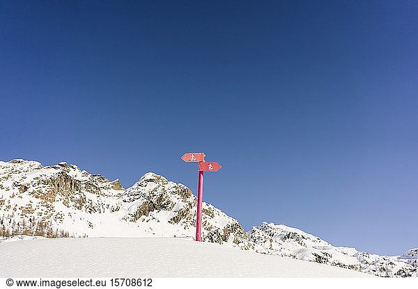 Signs for snowshoe trails  Valmalenco  Italy
