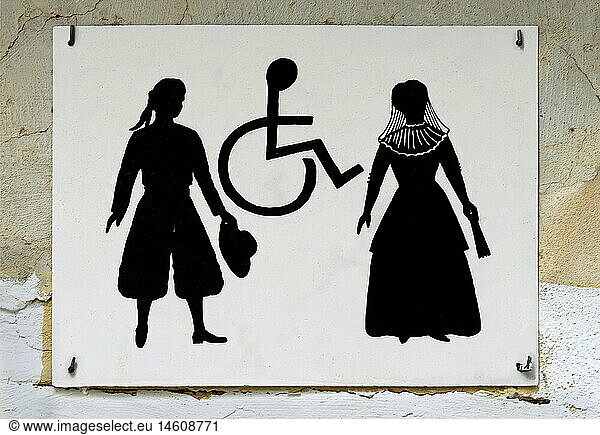 signs  toilet sign  Majorcans in traditional garb  Mallorca  Spain