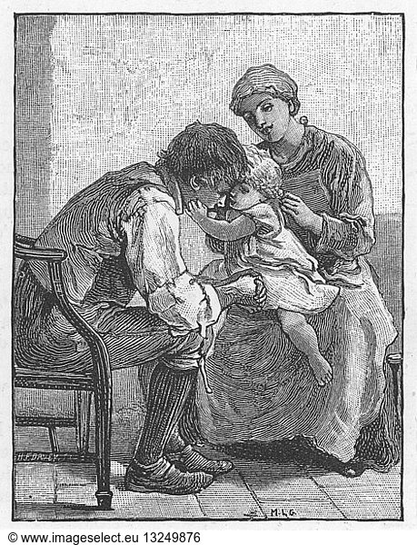 Silas Marner' by George Eliot  1861. Eppie the orphan  showing Silas Marner  the weaver  how much she likes him. Illustration by Mary L.Gow (1851-1929) published 1882.