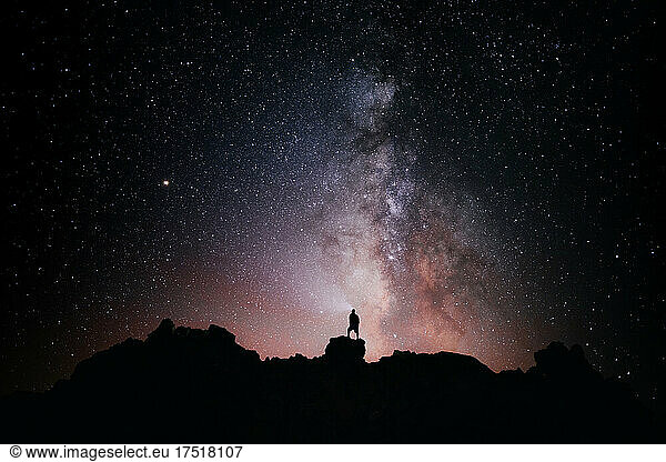 Silhouette a person standing looking at the star field and the milky w