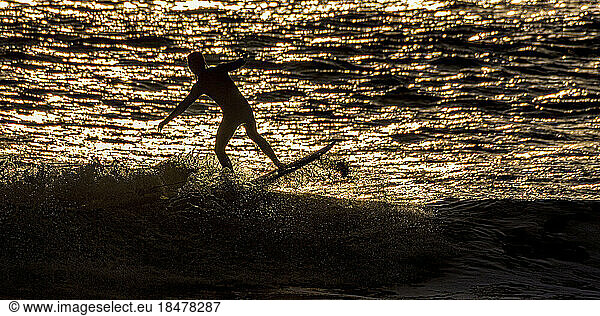 Silhouette man surfing on sea at sunset  Pembrokeshire  Wales