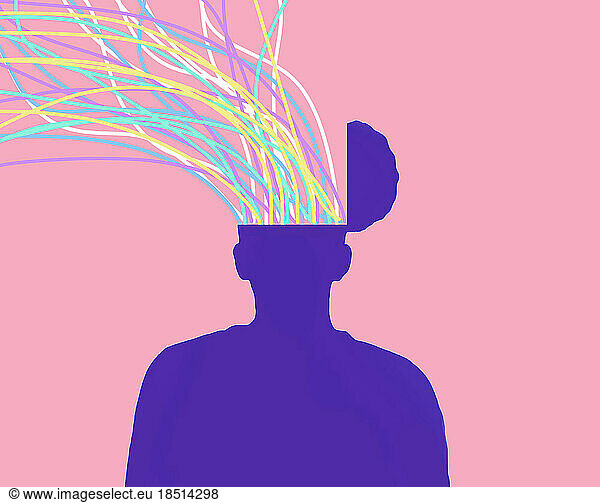 Silhouette man with colorful wires coming out from open head
