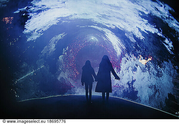 Silhouette of mother and daughter looking at Christmas lights