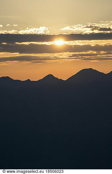 Silhouette of mountains in alpine landscape during sunrise  Zillertal  Tyrol  Austria