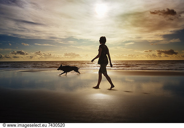Silhouette of woman and dog walking on beach