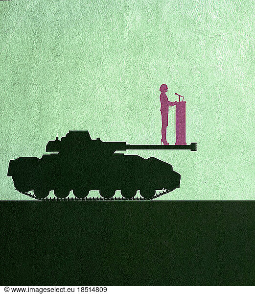 Silhouette politician giving speech on armored tank