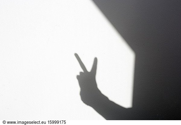 Silhouette shadow hand doing peace sign on white wall  isolated home space for text.