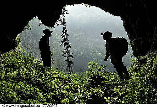 Silhouetted cavers look out of a vegetated window high up the wall of Shi Wang Tian Keng.