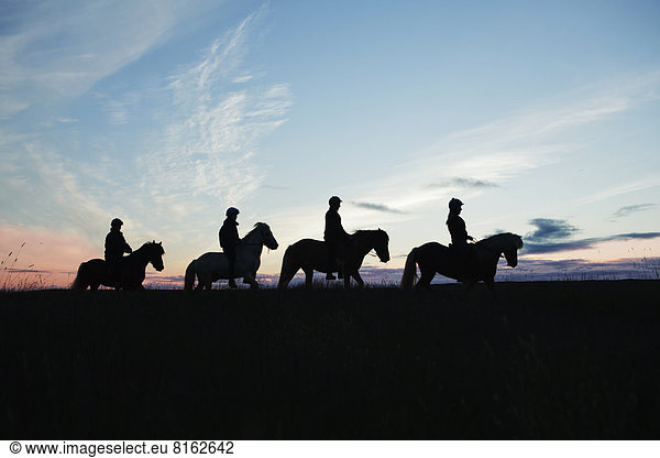 Silhouettes of people riding horses
