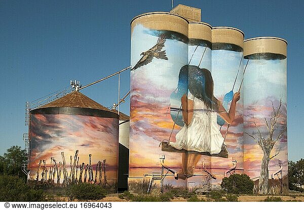 Silo art by 'Drapl And The Zookeeper' at Sea Lake  in the Mallee region of northwest Victoria  Australia. The Silo Art Trail has become a significant tourist attraction in farming districts which otherwise struggle to attract visitors.