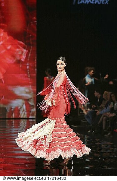 SIMOF Fair  fashion show for Trajes de Gitana  flamenco dresses  frilled dresses  Seville  Andalusia  Spain  Europe
