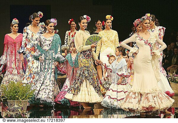 SIMOF fair  fashion show for Trajes de Gitana  traditional Andalusian flamenco dresses  frilled dresses  Seville  Andalusia  Spain  Europe