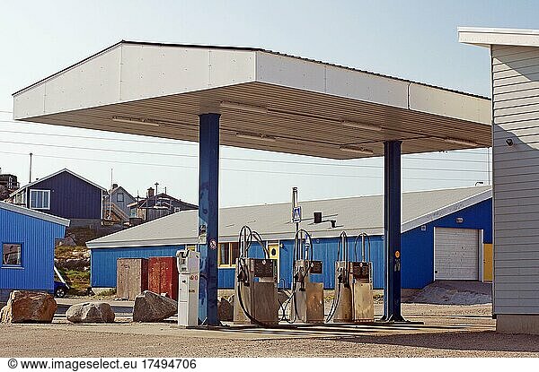 Simple covered petrol station  garages  Ilulissat  Arctic  Greenland  Denmark  North America