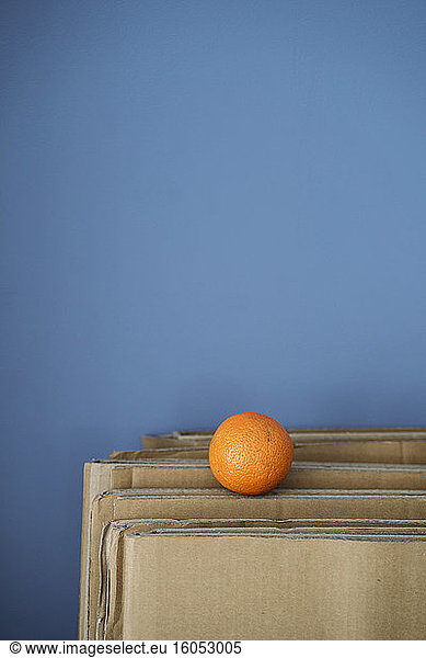 Single orange on cardboard against blue wall