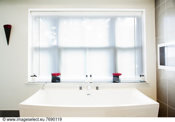 Sink and window in modern bathroom