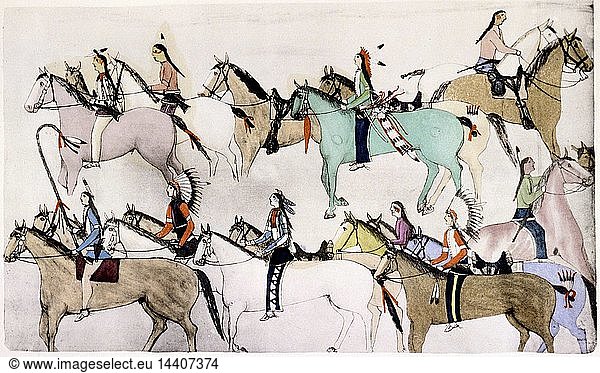 Sioux warriors leading away captured horses after defeating Custer"s troops. Painting c 1900 by Amos Bad Heart Buffalo.