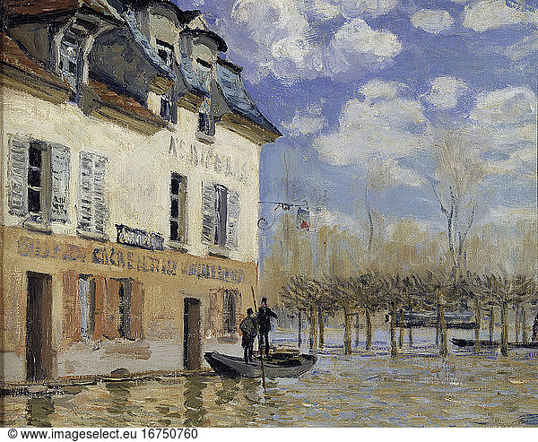 Sisley  Alfred. 1839–1899. “La Barque pendant l’inondation  Port-Marly (The restaurant “La Barque during the flood at Port-Marly)  1876.
Detail.
Oil on canvas  50.5 × 61cm.
R.F. 2021
Paris  Musée d’Orsay.