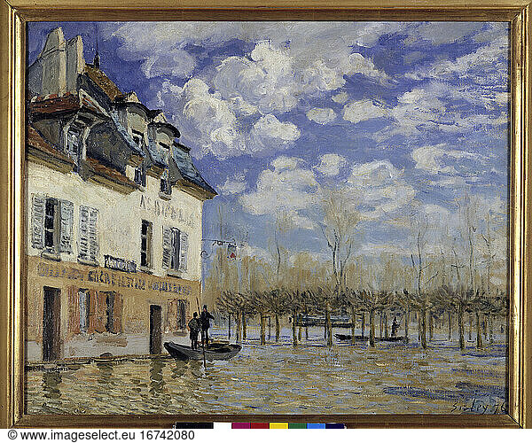 Sisley  Alfred. 1839–1899. “La Barque pendant l’inondation  Port-Marly (The restaurant “La Barque during the flood at Port-Marly)  1876.
Oil on canvas  50.5 × 61cm.
R.F. 2021
Paris  Musée d’Orsay.