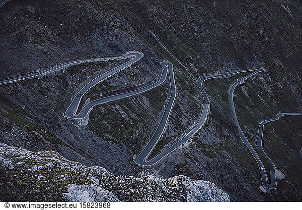 SItaly  Hairpin curves of mountainside road in Stelvio Pass
