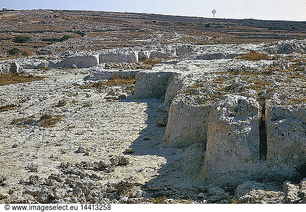 Site where megaliths were being cut from the rock surface in prehistoric times. Malta  1973.
