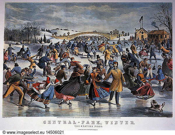 Skating Pond  Winter  Central Park  New York City  USA  Currier & Ives  Lithograph  1862