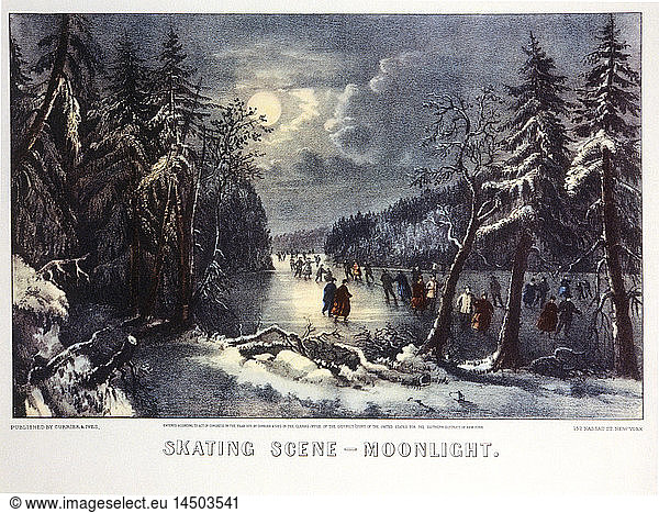 Skating Scene  Moonlight  Currier & Ives  Lithograph  1870