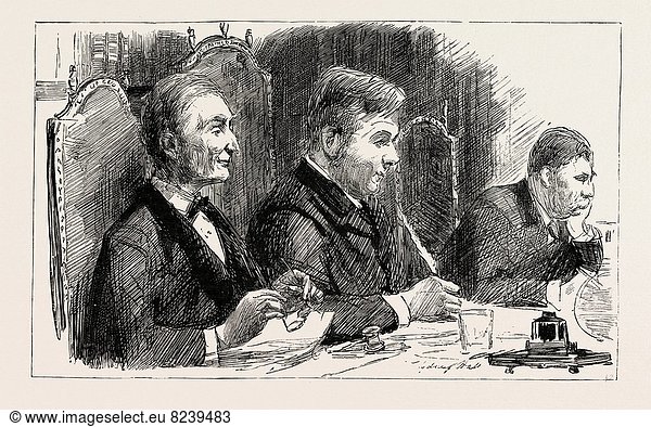 SKETCHES AT THE MEETINGS OF THE LONDON SCHOOL BOARD 1890  The Rev. DIGGLE  Chairman  in the middle  engraving 1890  UK  U.K.  Britain  British  Europe  United Kingdom  Great Britain  European