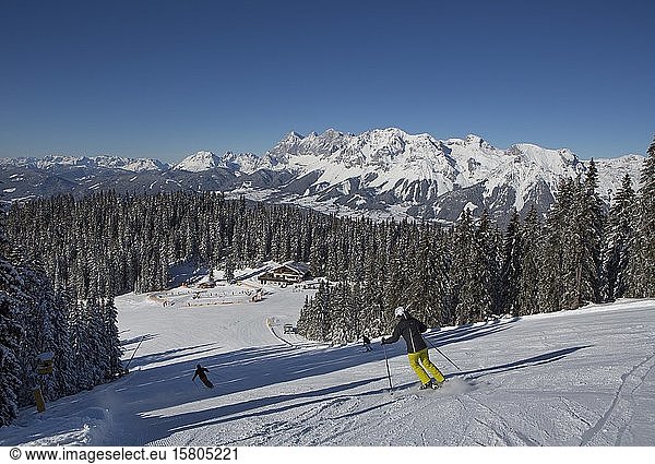 Ski area Planai with fairytale meadow hut and view to the Dachstein massif  Schladming  Styria  Austria  Europe