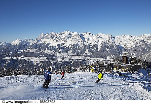 Ski area Planai with view to the mountain station and the Dachstein massif Schladming Styria Austria Europe