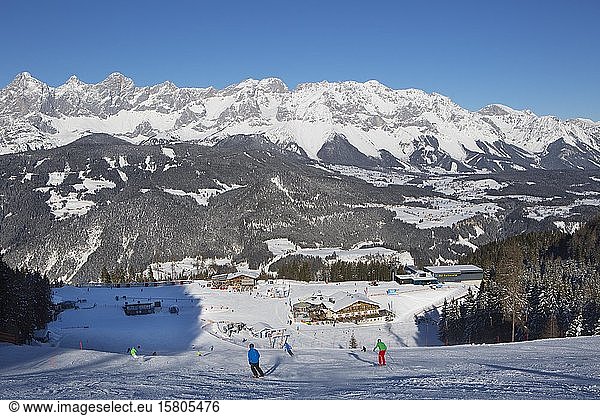 Ski area Reiteralm  Lena Alm and Jaga Stüberl  view to the Dachstein massif  Schladming  Styria  Austria  Europe