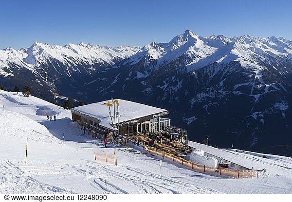 Ski hut Penken Panorahma Restaurant Penken ski area in winter Mayrhofen Zillertal Tyrol Austria Europe