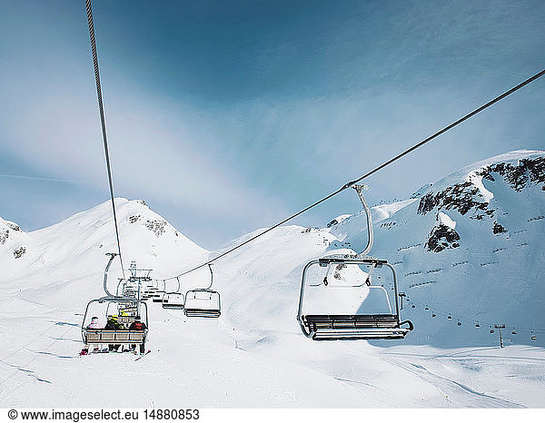 Ski lift in snow covered mountain landscape  Alpe Ciamporino  Piemonte  Italy