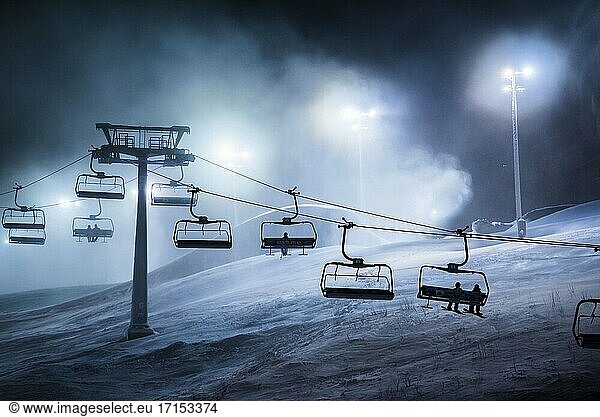 Ski lifts and ski slopes in the ski resort of Levi inside the Arctic Circle in Finnish Lapland  Finland