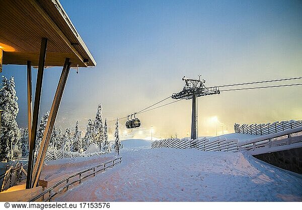 Ski lifts and ski slopes in the ski resort of Levi inside the Arctic Circle in Finnish Lapland  Finland