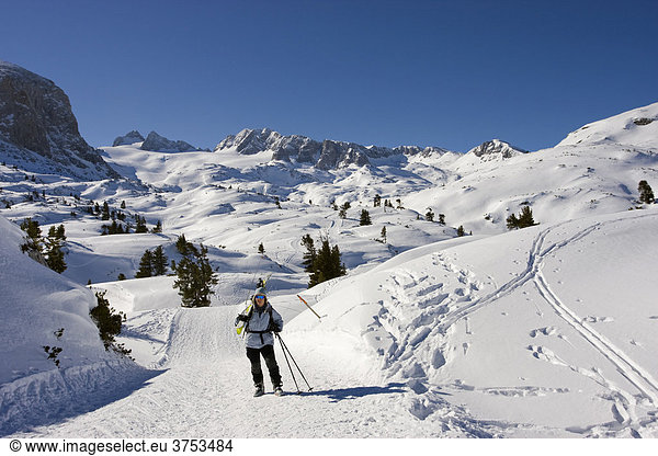 Ski touring woman carrying her skis  Mts. Hoher Dachstein  Niederer Dachstein and Schoeberl in the background  Dachstein  Styria  Austria  Europe