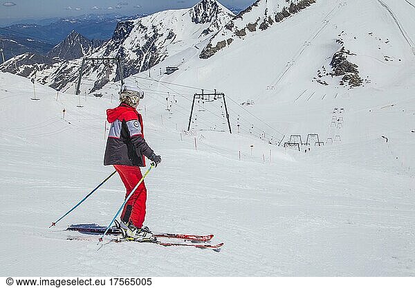 Skier on glacier ski slope Olperer  Hintertux glacier ski area in summer  Tuxeertal  Tyrol