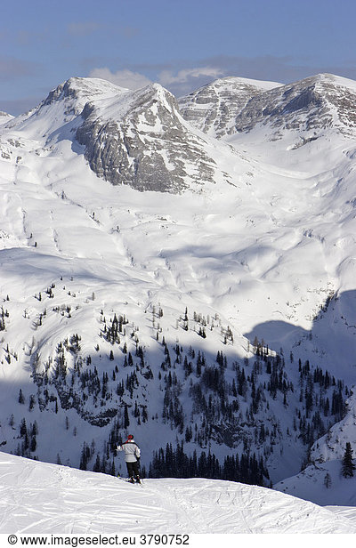 Skier on Tauplitz Alm in front of Totes Gebirge Styria Austria