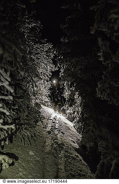 skier with headlamp in cold snow covered forest at night New Hampshire