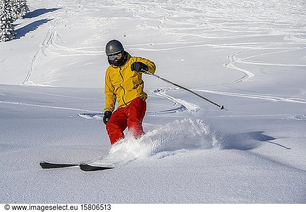 Skiers in deep snow  downhill Hohe Salve  SkiWelt Wilder Kaiser Brixenthal  Hochbrixen  Tyrol  Austria  Europe