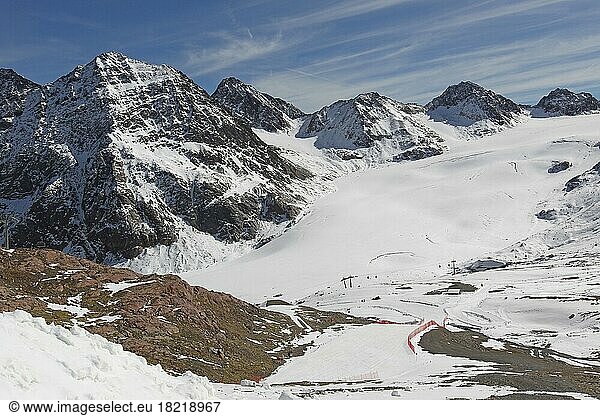 Skiing area Pitztal Glacier  view from the Glacier Restaurant to the glacier and the surrounding mountains  Ötztal Alps  Tyrol  Austria  Europe
