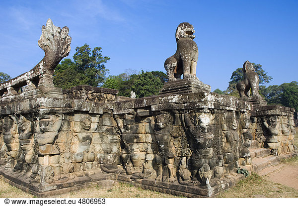 Skulpturen an der Elefantenterrasse  Angkor Tempel  Siem Reap  Kambodscha  Indochina  Südostasien
