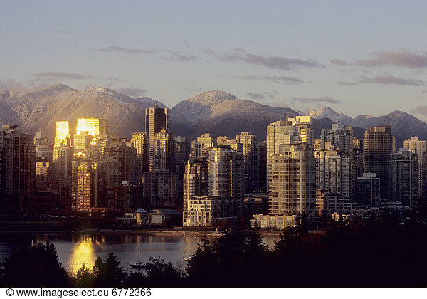 Skyline and False Creek at sunset, Vancouver, British Columbia