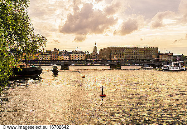 Skyline and waterfront of Gamla Stan and the royal palace at sunset