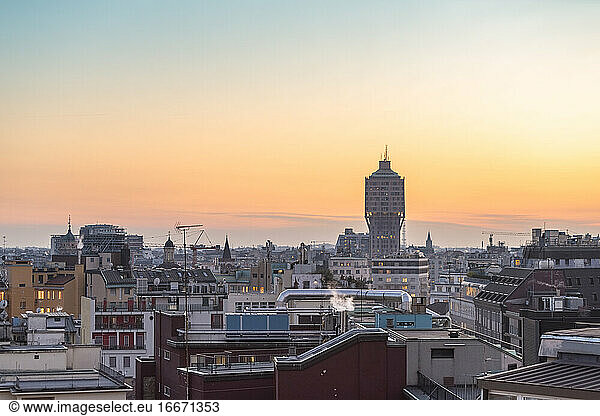 Skyline of Milan with torre Velasca at sunset