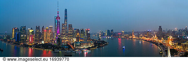 Skyline of the Pudong Financial district across Huangpu River at dusk  Shanghai  China.