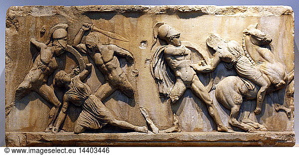 Slab from a frieze of the Mausoleum showing a battle between Lapiths ...